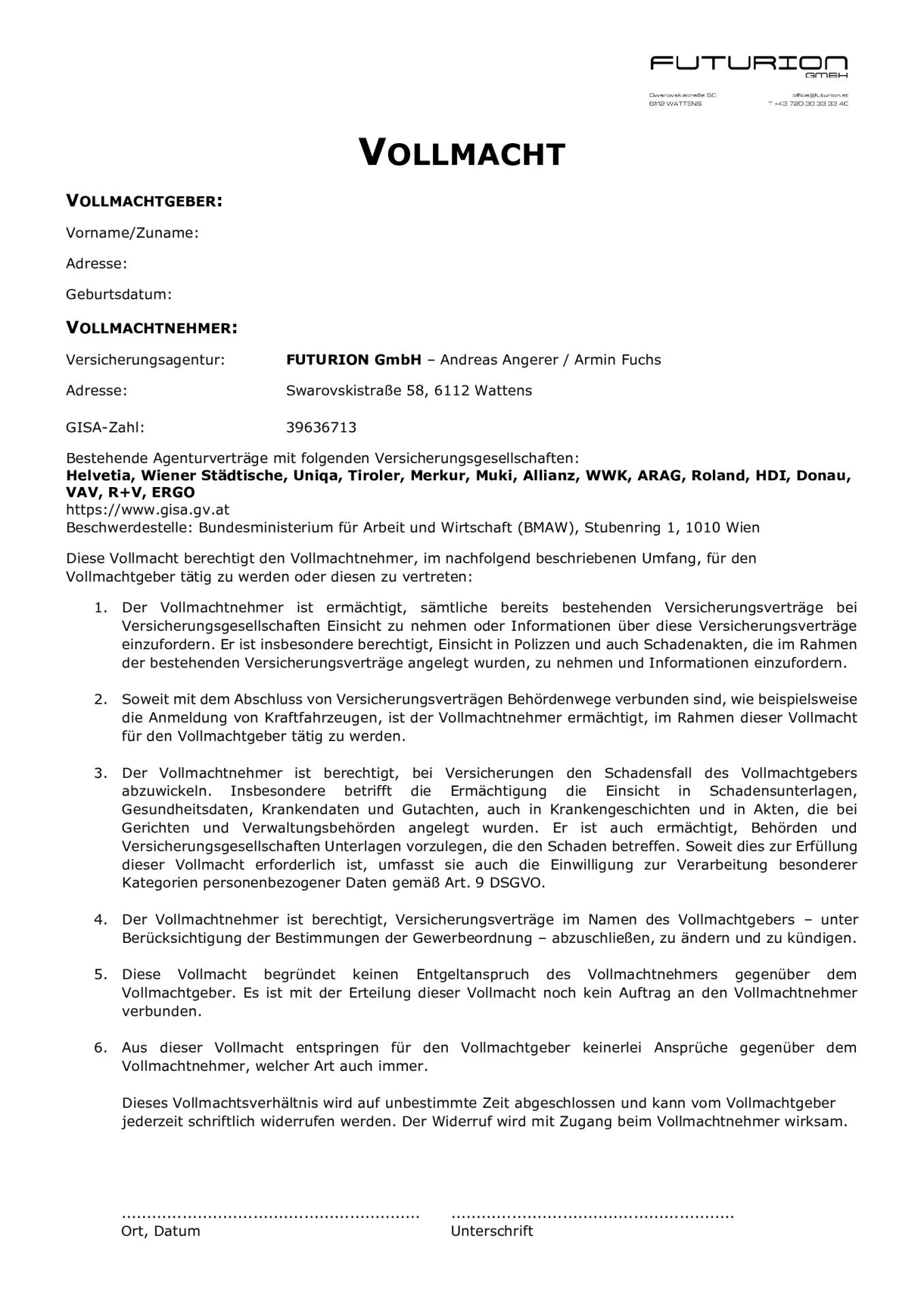 Vollmacht Polizzenservice